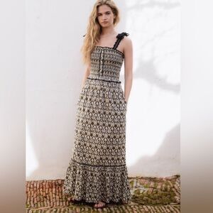 New Sonmer Paris Cotton Smocked Tiered Maxi Dress Crochet Lace Straps Buttons